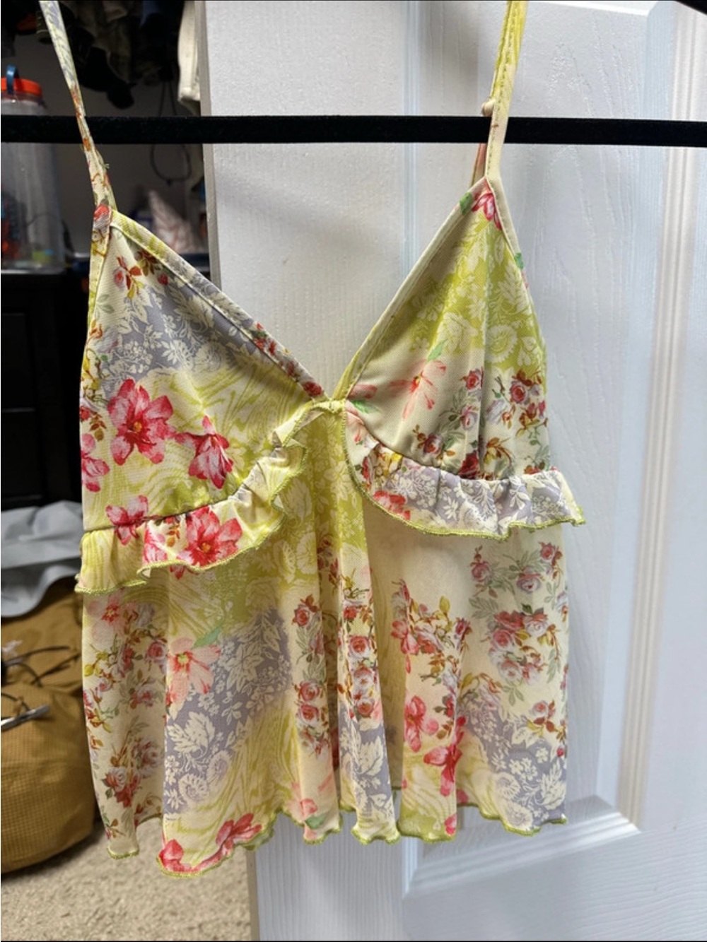 Floral Ruffle Camisole Tank Top - Yellow Pink